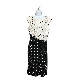 Cleo Black White Polka Dot Ruched Waist Lined Stretchy Career Dress Size M
